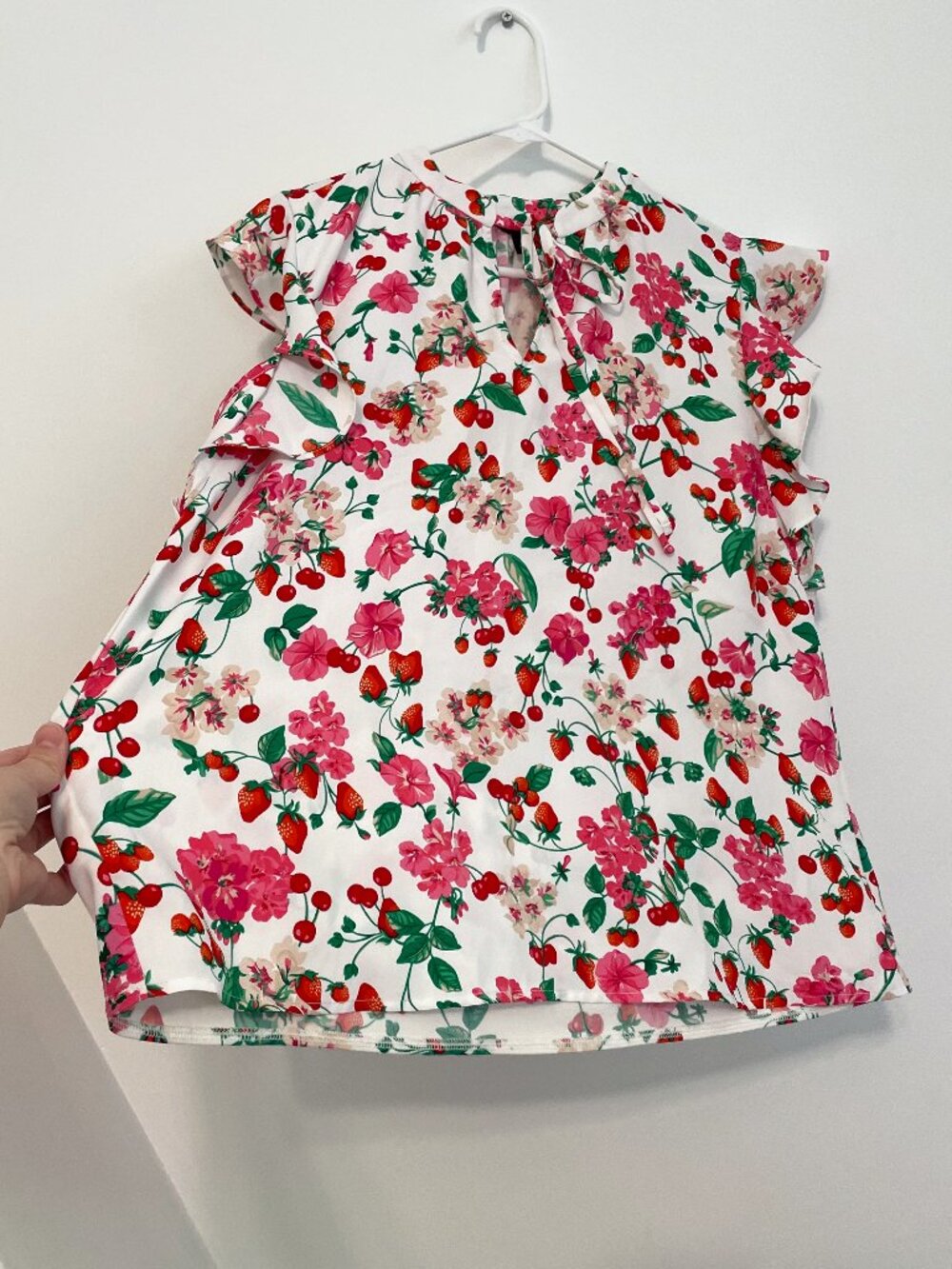 ANN TAYLOR Floral Mixed Media Ruffle Sleeve Tie Neck Shell Top White Strawberry - Picture 12 of 16